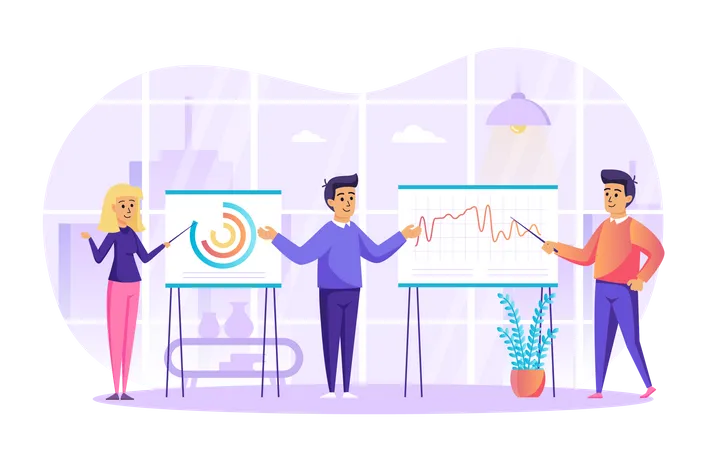 Big Data Analysis And Market Research Concept Business Analysts Working On Project Analyze Statistic At Charts Graphics Teamwork At Office Vector Illustration Of People Characters In Flat Design Illustration