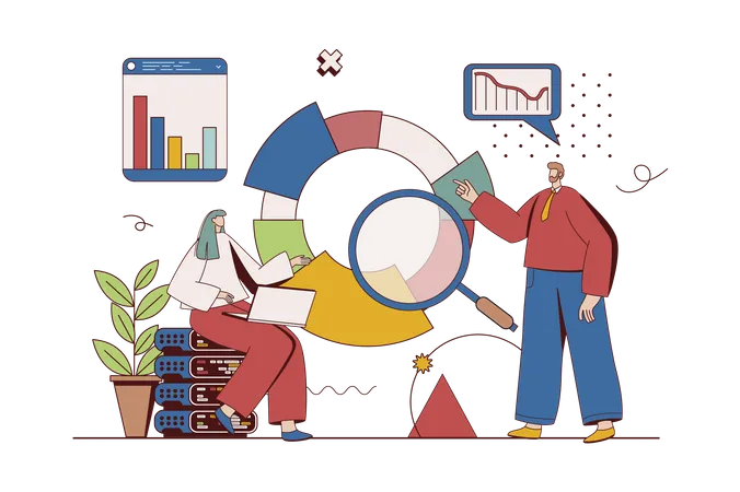 Big data concept with character situation in flat design, Man and woman analyzes statistics diagram and researches datum graphs, making financial report,  Illustration