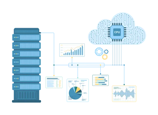 Big Data Infrastructure Vector Illustration Cartoon Isolated Information Storage And Backup Technology Abstract Scheme Of Datacenter Service Using Cloud Server For Hosting And Communication イラスト