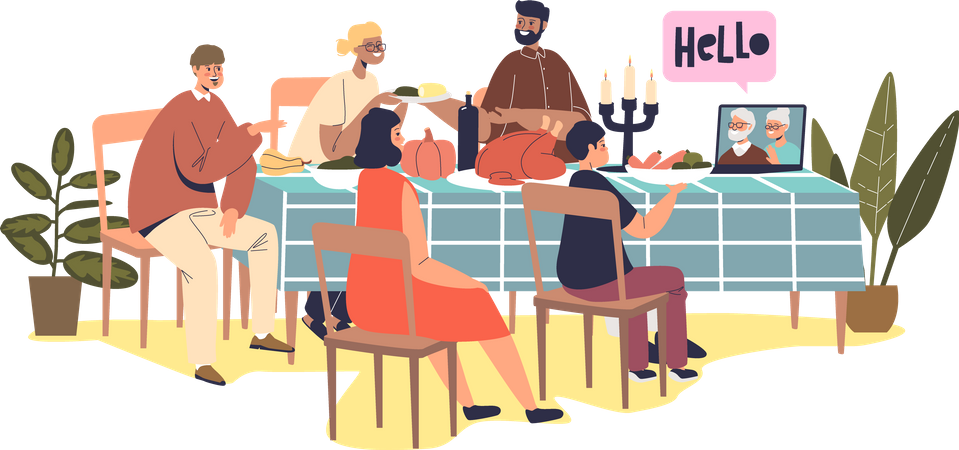 Big family call grandparents via video chat at thanksgiving holiday dinner sit at celebration table Illustration