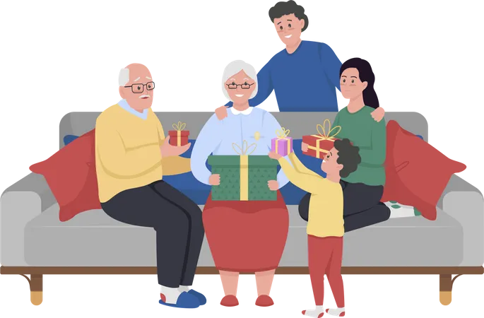 Big Family Celebrating Grandma Birthday Semi Flat Color Vector Characters Full Body People On White Giving Gifts To Granny Isolated Modern Cartoon Style Illustration For Graphic Design And Animation 일러스트레이션