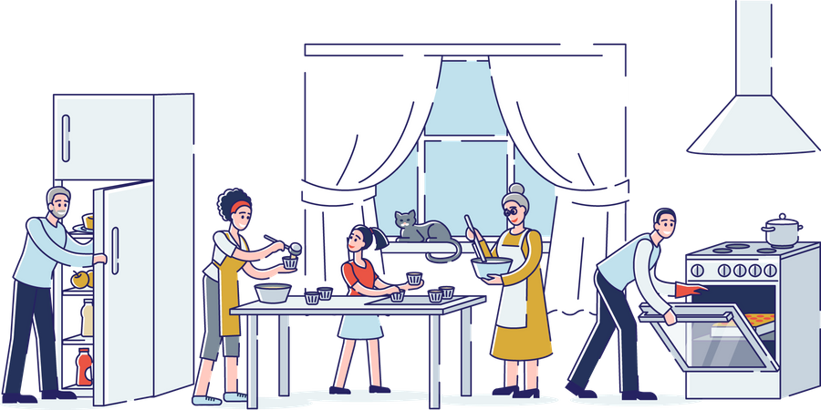 Big family cooking together at home kitchen  Illustration