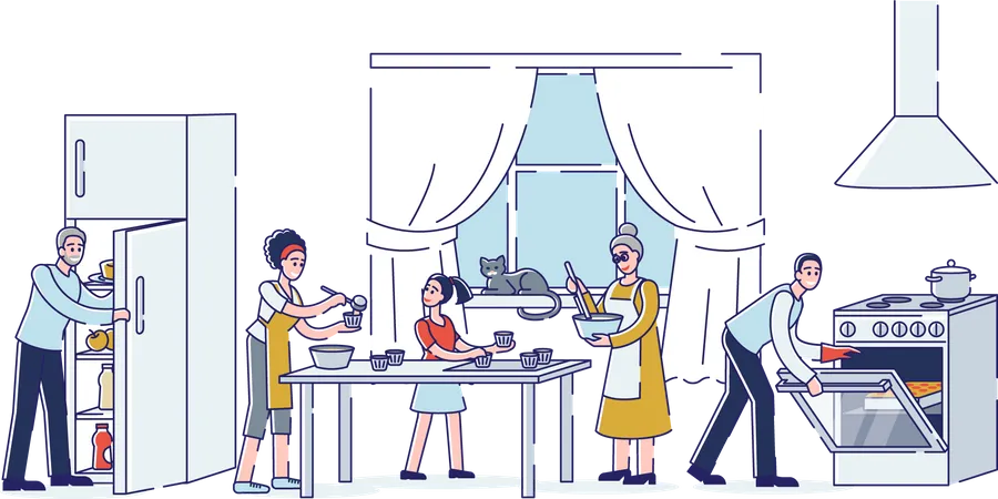 Big family cooking together at home kitchen  Illustration