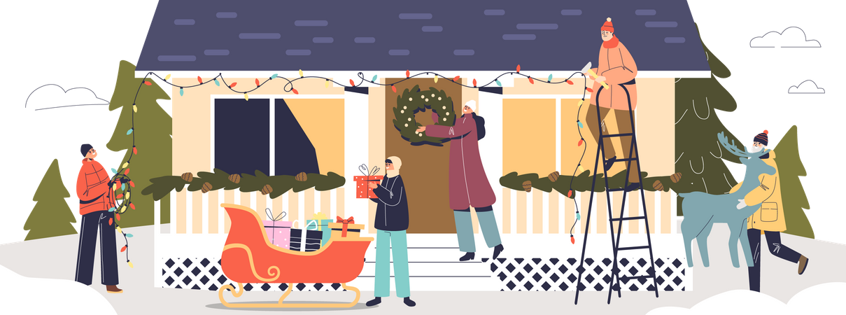 Big family decorating house for Christmas with garland, wreath, reindeer and santa sleigh outdoors  Illustration