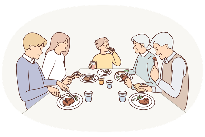 Big family eating dinner at table  Illustration