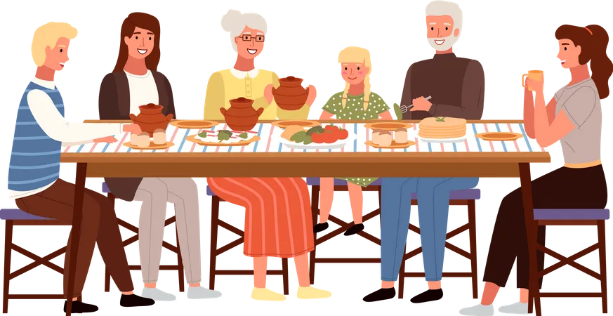 People Are Eating Ukrainian Food Big Family Have Dinner With Borsch And Bacon In The Restaurant Characters Taste Traditional Dishes Sitting At A Table Dining Table With Pancakes And Buns Isolated Illustration