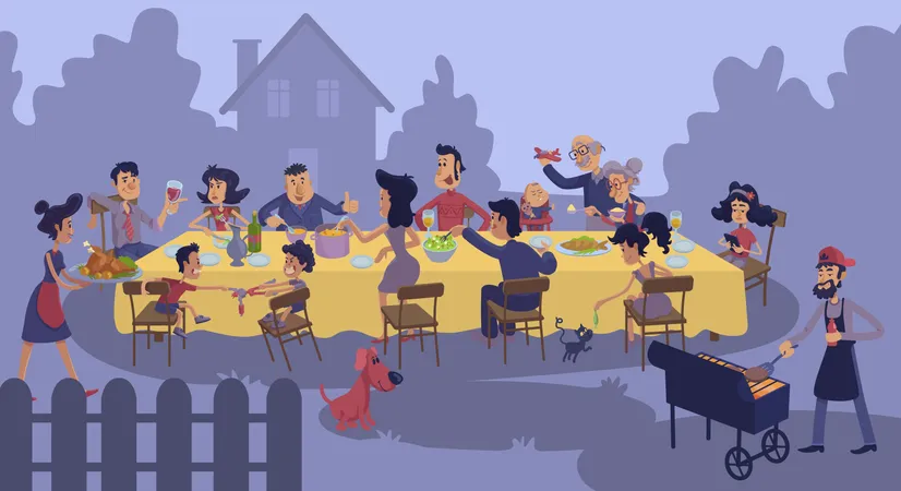 Big family gathering at table outdoors  Illustration