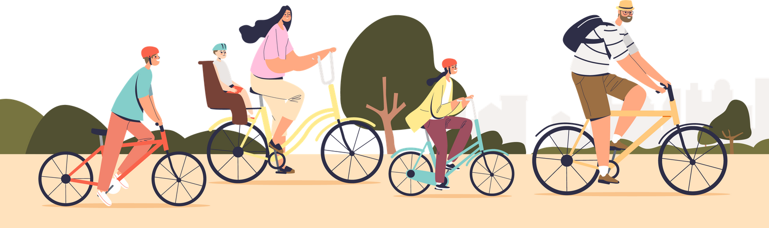 Big family riding bikes together Illustration