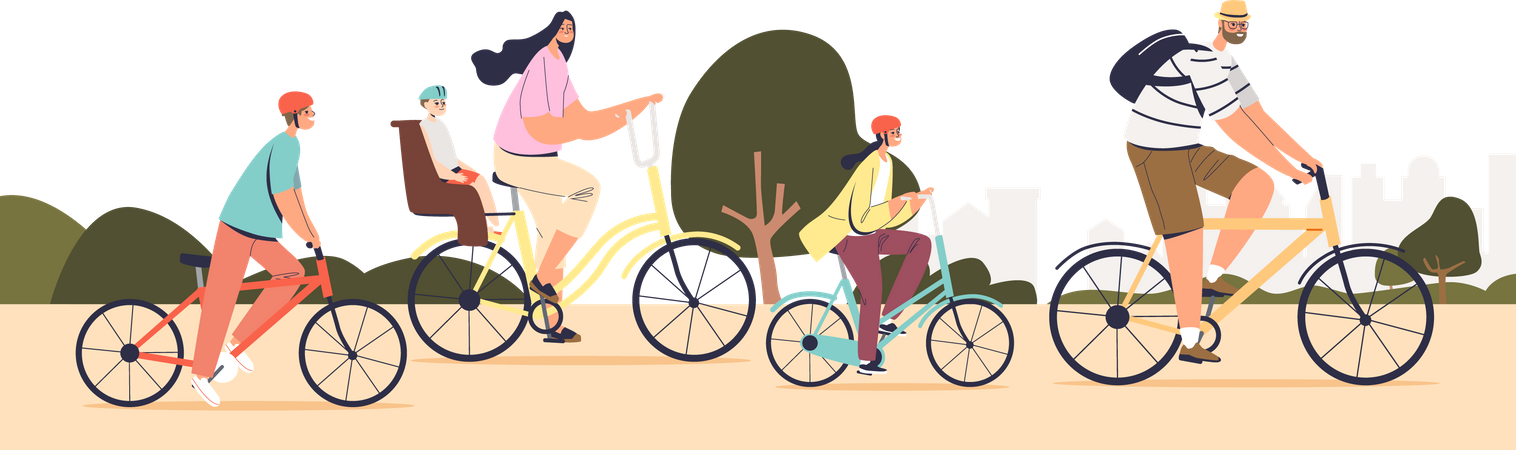 Big family riding bikes together  Illustration