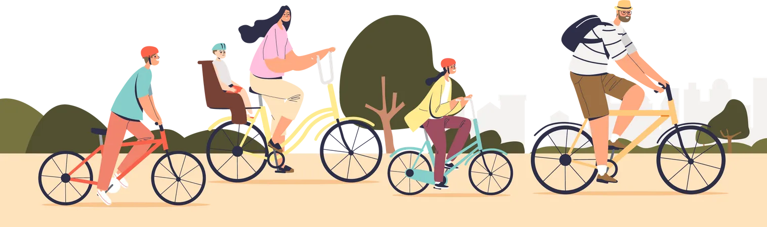 Big family riding bikes together  Illustration