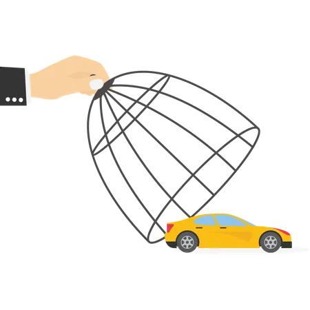 Big hand catching small businessman in car with birdcage  Illustration