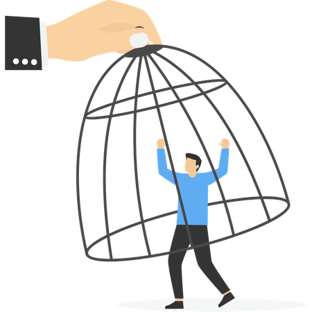 Big hand catching small businessman with birdcage  Illustration