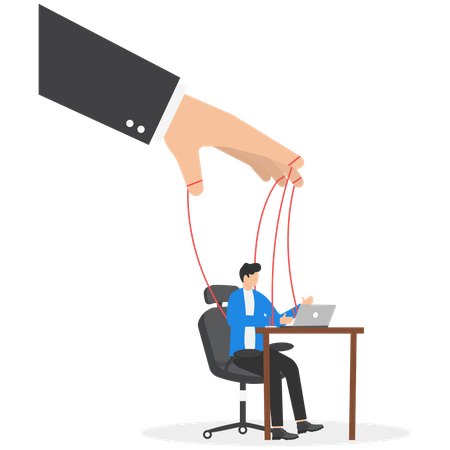 Big hand controls puppet businessman in his working activity  Illustration