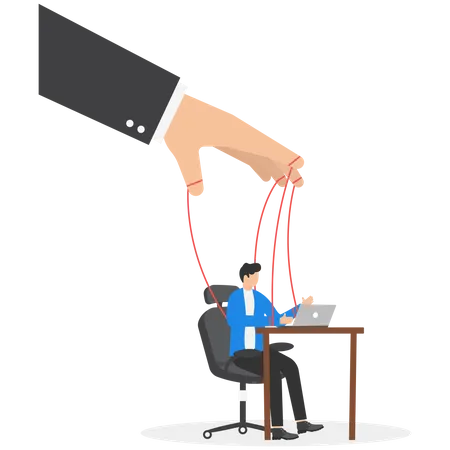 Big hand controls puppet businessman in his working activity  Illustration