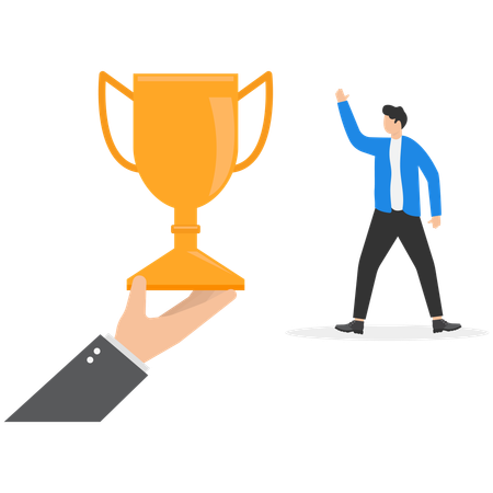 Big hand giving winner cup to first-place to businessman  Illustration