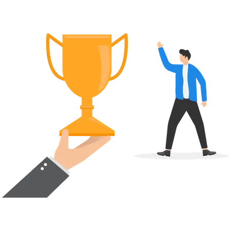 Big hand giving winner cup to first-place to businessman  Illustration