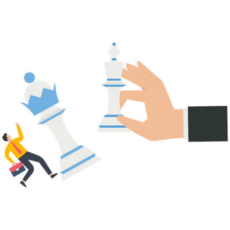 Big hand holds chess pieces to fall down the little businessman's chess pieces  イラスト