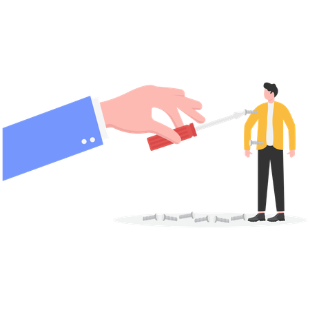 Big hand trying to repair businessman by tightening screw nut  Illustration