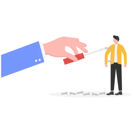 Big hand trying to repair businessman by tightening screw nut  Illustration