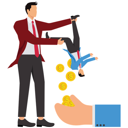 Big hands hanging and shaking small businessmen pouring out lots of gold coins  Illustration