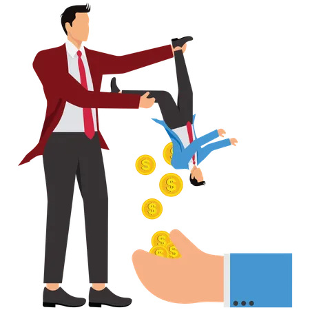 Big hands hanging and shaking small businessmen pouring out lots of gold coins  Illustration