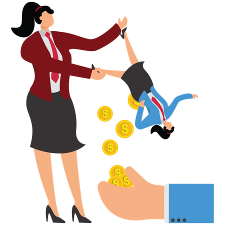 Big hands hanging and shaking small businesswomen pouring out lots of gold coins  Illustration