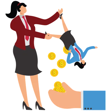 Big hands hanging and shaking small businesswomen pouring out lots of gold coins  Illustration