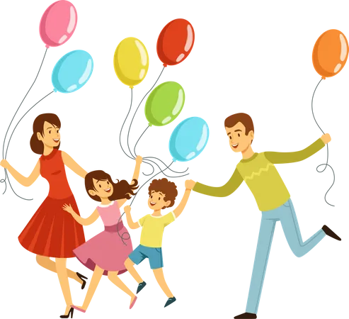 Big happy family running with balloon Illustration