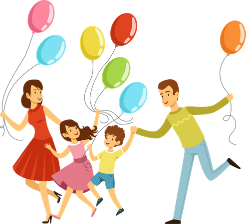 Big happy family running with balloon  Illustration