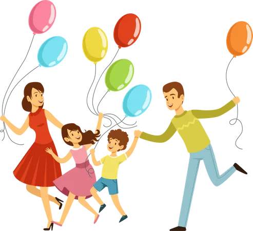 Big happy family running with balloon  Illustration