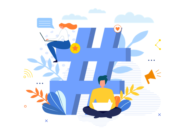 Big Hashtag Symbol with People Chatting on Laptop  Illustration