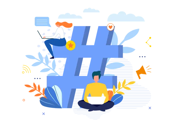 Big Hashtag Symbol with People Chatting on Laptop  Illustration