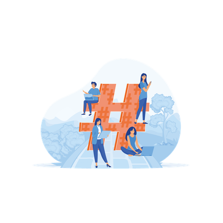 Big hashtag symbol with people using laptop for sending posts and sharing them in social media  Illustration