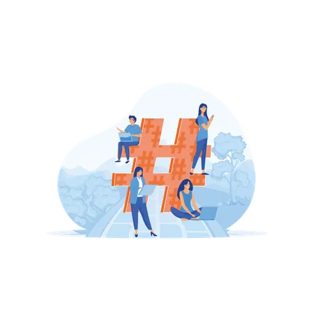 Big hashtag symbol with people using laptop for sending posts and sharing them in social media  Illustration