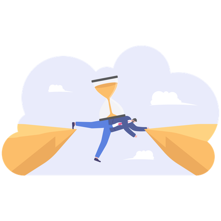 Big hourglass on businessman who laying down across the cliff  イラスト