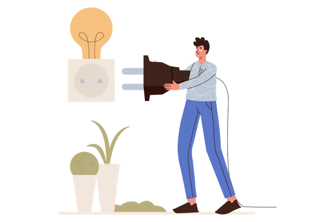 Big Idea Concept In Flat Design Generates Creative Ideas And Brainstorming Metaphor Man Holds Huge Plug At Socket To Light Lightbulb Vector Illustration With Isolated People Scene For Web Banner Illustration