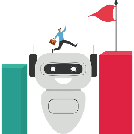 Big Robot Hand Help Business People Cross Problem Gap Support Of AI To Solve Problem Chat Bot With Ai To Help Team Success Collaboration With A Machine Or Automated System Vector Illustration