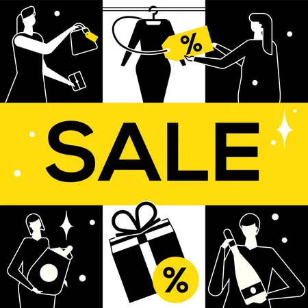 Big Sale Flat Design Style Vector Illustration High Quality Black White And Yellow Composition With Male Female Characters Buying Products Clothes Drinks And Gifts Shopping Discount Concept Illustration