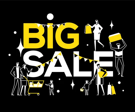 Big Sale Flat Design Style Vector Illustration High Quality Black White And Yellow Composition With Male Female Characters Families With Shopping Bags Cart Discount Special Offer Concept Illustration