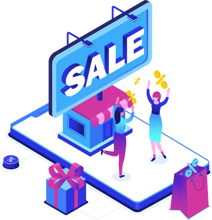 Big Sale Modern Colorful Isometric Vector Web Banner On With Copy Space For Text Header With Happy Women Big Smartphone With A Storefront Percentage Signs Online Shopping Special Offer Concept Illustration