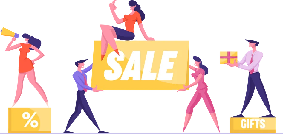 Big Sale Concept Woman Promoter With Megaphone Stand On Podium With Percent Symbol Customer Holding Gift Special Shopping Offer Promotion Discount And Price Off Day Cartoon Flat Vector Illustration Illustration