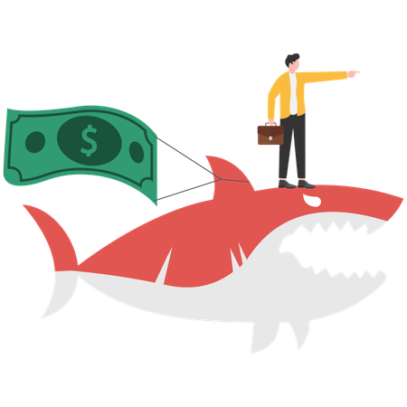 Big sharks carrying businessmen's money swimming in ocean  Illustration