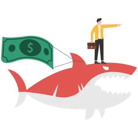 Big sharks carrying businessmen's money swimming in ocean  Illustration