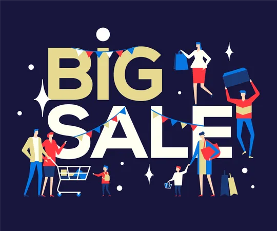 Big Sale Flat Design Style Colorful Illustration On Blue Background High Quality Composition With Male Female Characters Families With Shopping Bags Cart Discount Special Offer Concept Illustration