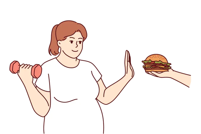 Big size woman goes on diet trying to get rid excess weight giving up burger and lifting dumbbell  Illustration