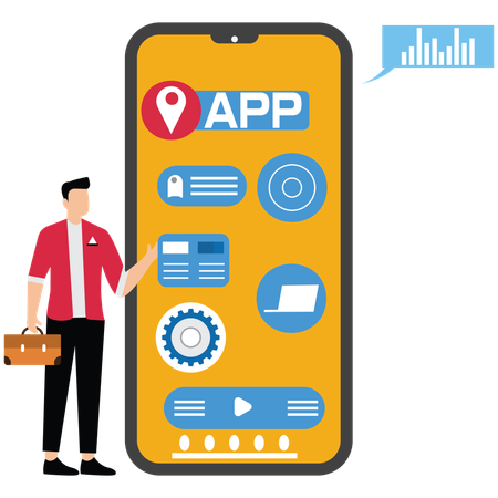 モバイルアプリを搭載した大きなスマートフォンと近くに立っている男性  イラスト