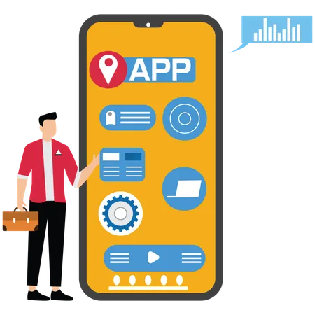 モバイルアプリを搭載した大きなスマートフォンと近くに立っている男性  イラスト