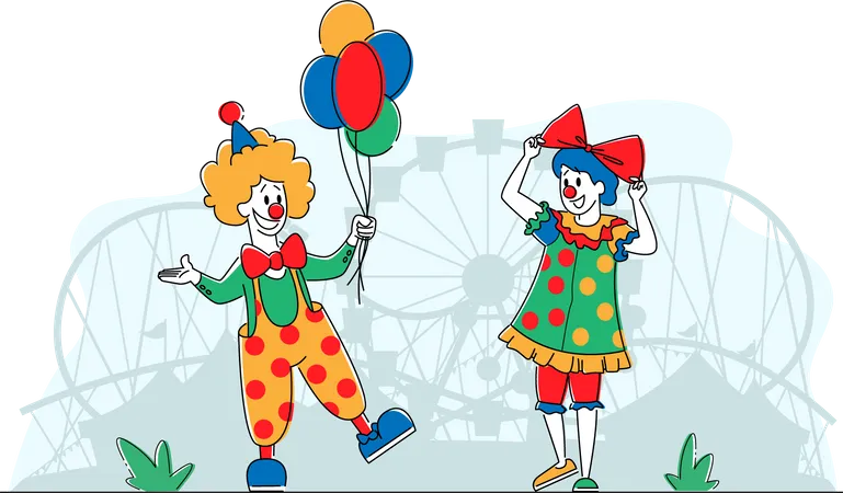 Big Top Smiling Joker Male and Female with Balloons  Illustration