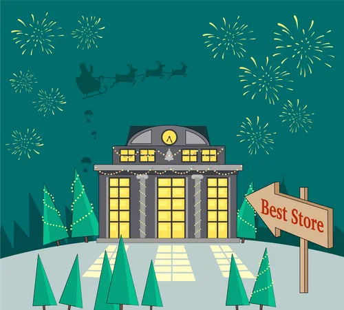 Best Store Xmas Sale Glowing Shop Fireworks And Santa With Reindeers In Sky On Snowy Background Magic Store With Lighted Windows Waits For Consumers Special Winter Holiday Offer Promotion Vector Illustration