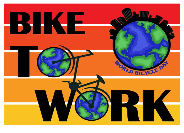 Bike To Work Retro Design Landscape Illustration